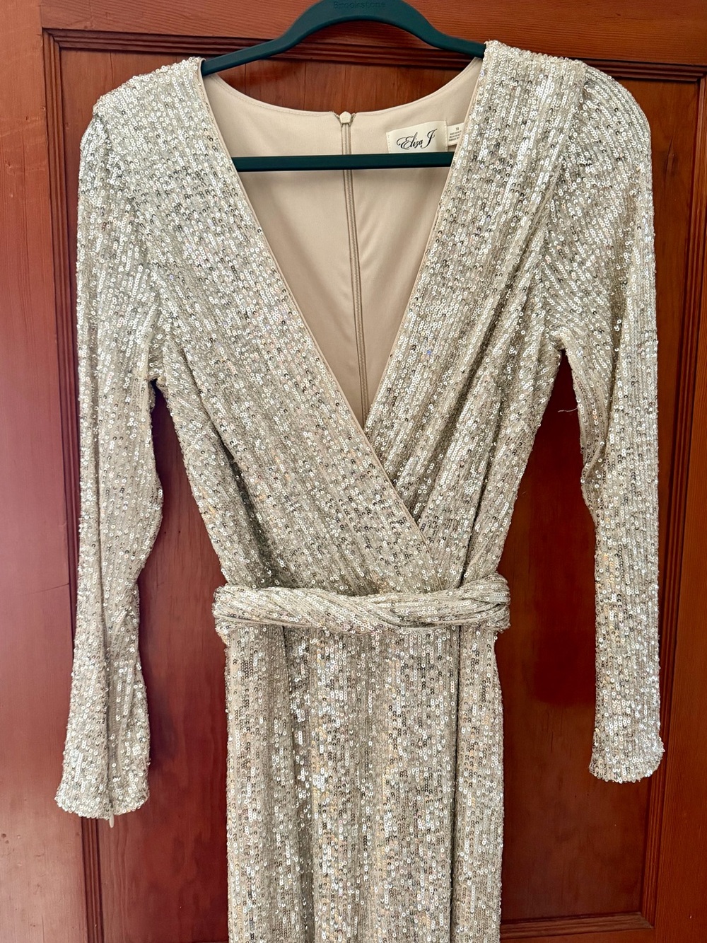 Eliza J Champagne Sequin Wrap Long Sleeve Pantsuit